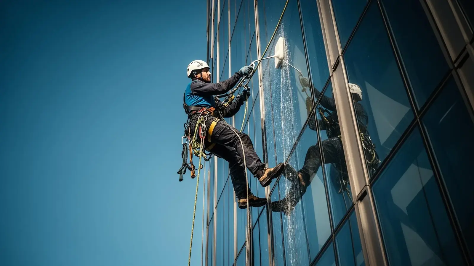 Profissional em altura trabalhando em fachada